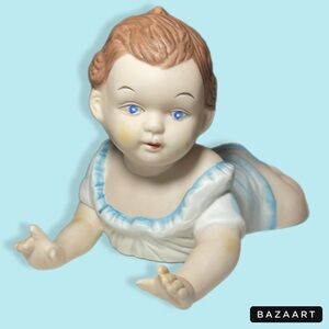 Vtg XL Porcelain Bisque Piano Baby 10” Figurine Draped Outfit Crawling